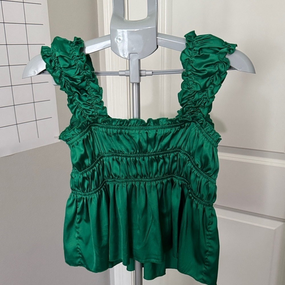 Emory Park Emerald Satin looking Ruffle Tank Top - Picture 4 of 8